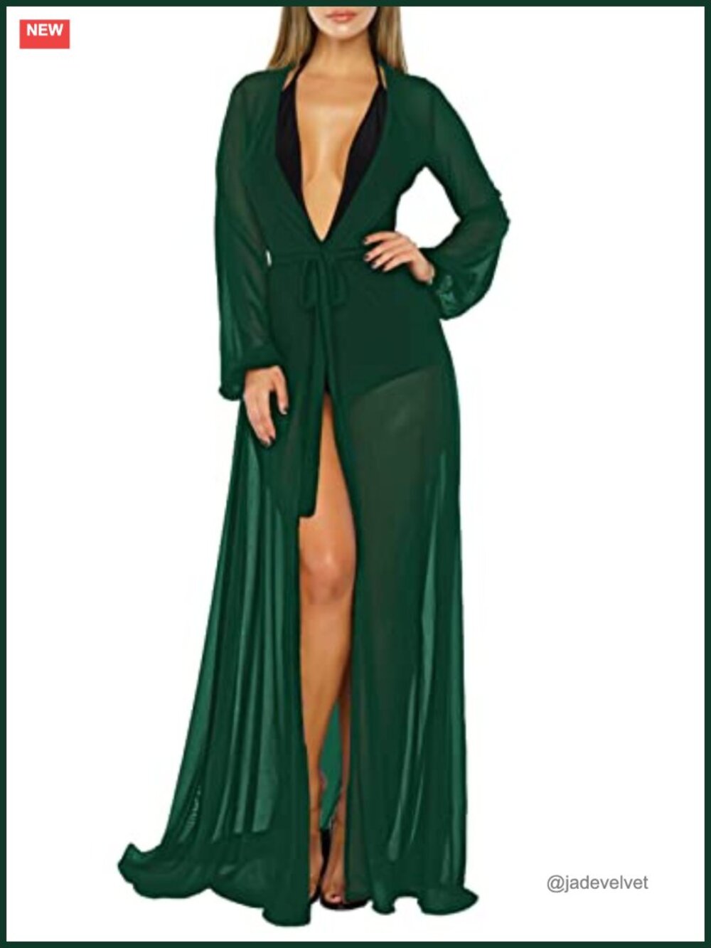 Long Sleeve Flowy Maxi Swimsuit Cover Up Tie Front Plunge V-Neck